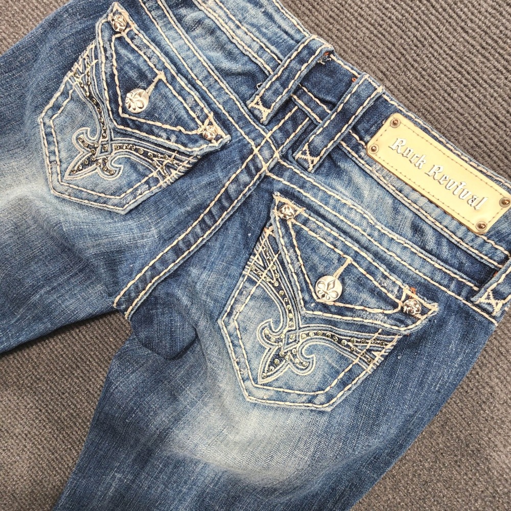 Rock Revival Jamie Easy Boot Jeans Women 24 Blue Distressed Embellished Y2K